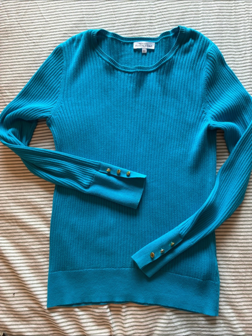 Northern Reflections Turquoise Ribbed Knit Sweater Gold Button Cuffs XS